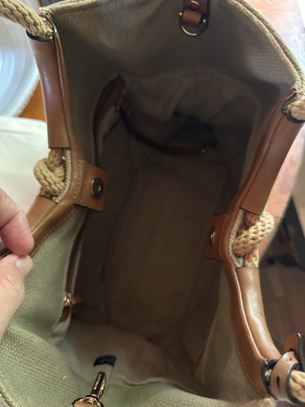 Michael Kors Beige Canvas Shoulder Tote with Tan Leather Trim - Picture 4 of 6